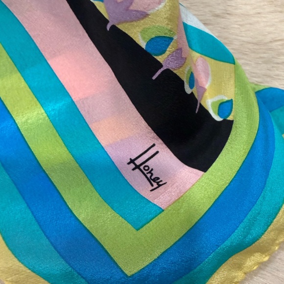 Honey Silk Square Scarf Floral Stripe Multicolor Vintage Style - Picture 4 of 5